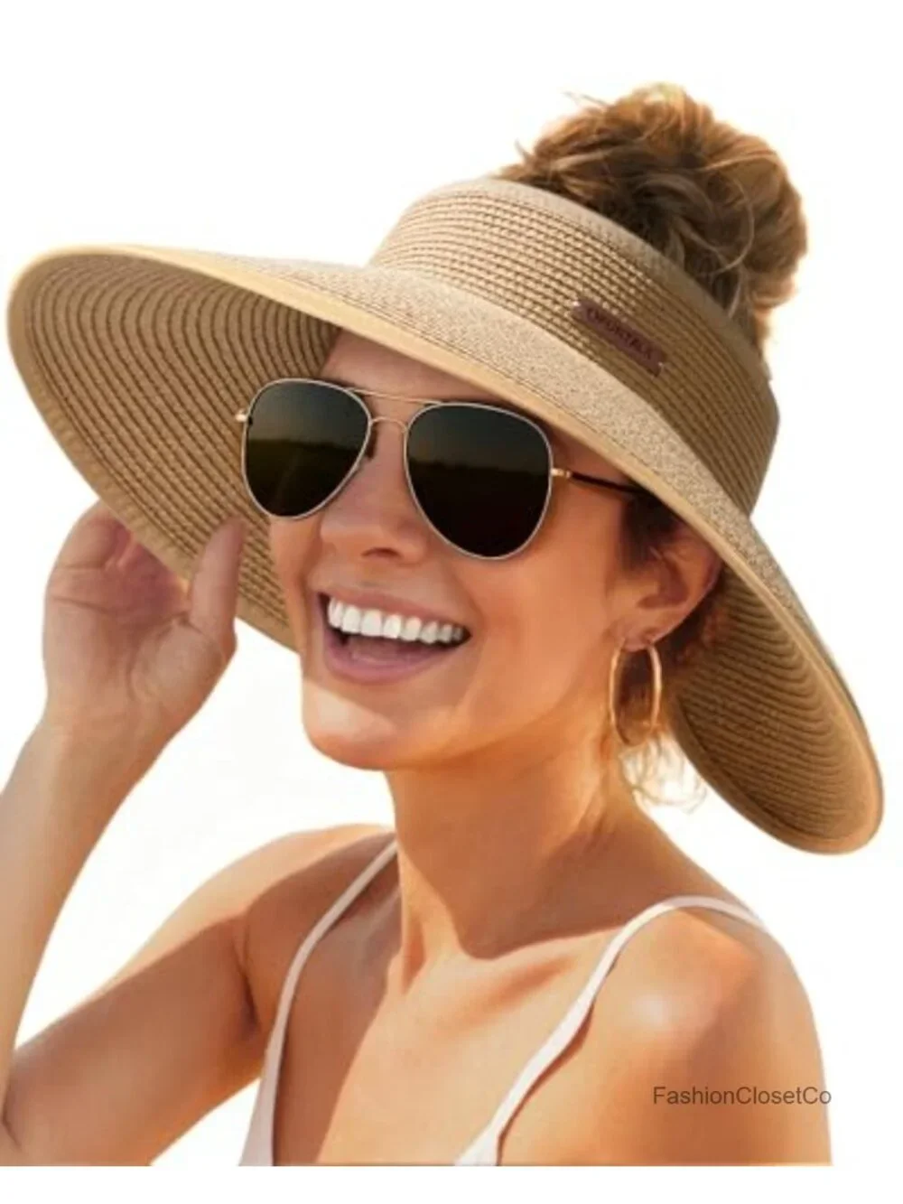 Wide Brim Sun Hat Straw Visor Ponytail UPF 80+ Packable Foldable Beach Travel